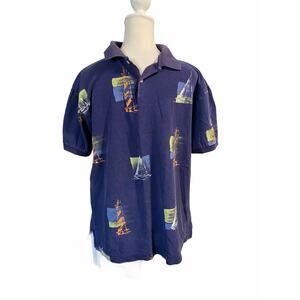 Nautica Polo Tennis Vintage Short Sleeve Shirt Blue Boat Print sz s two buttons